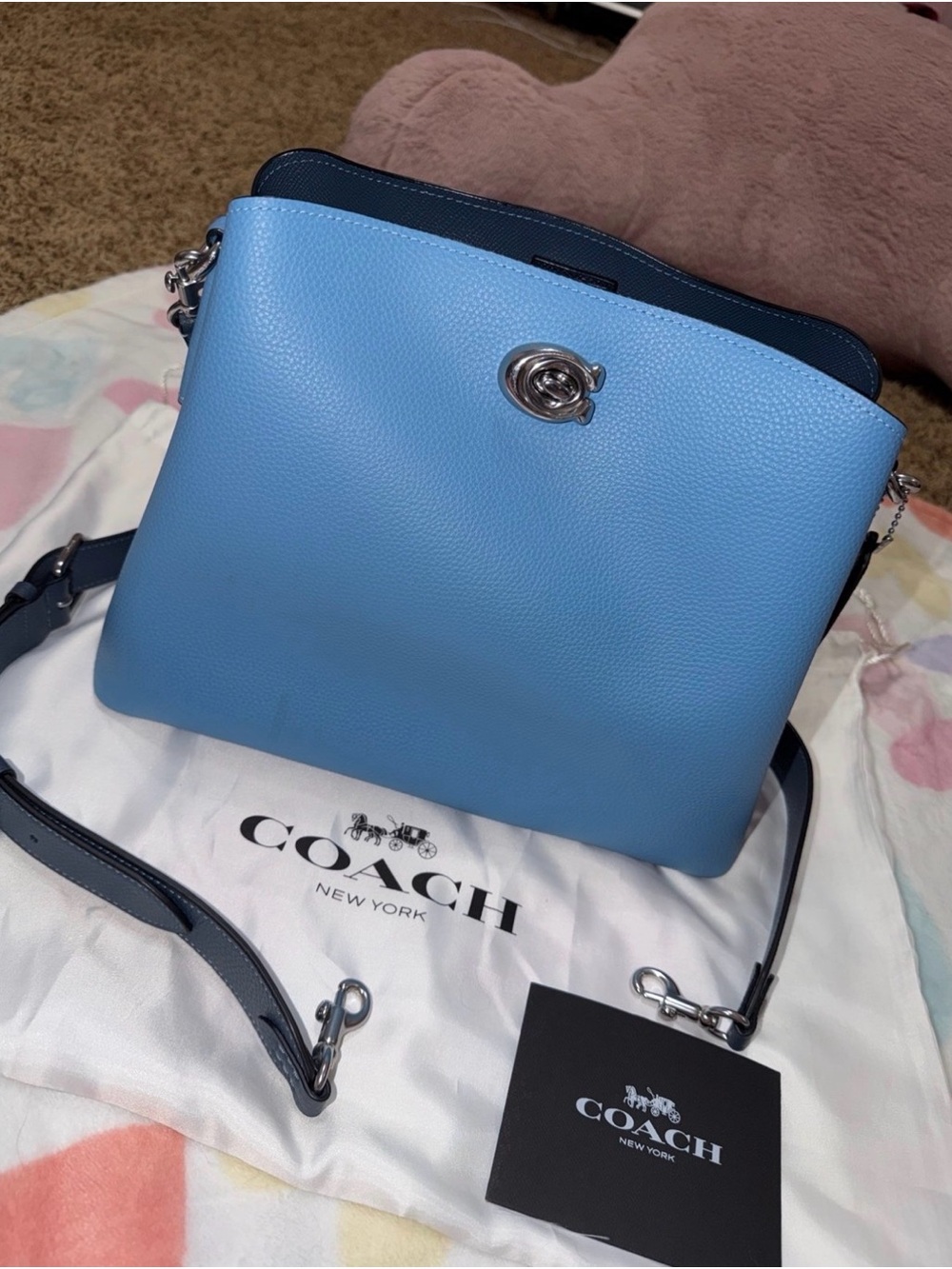 Coach Light Blue Pebbled Leather Crossbody with Navy Trim